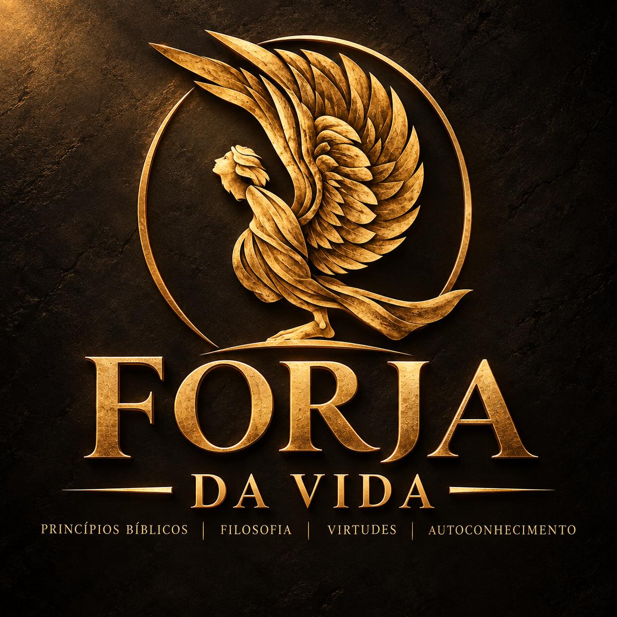 Marca Forja da Vida: ave dourada em um círculo, com os fundamentos princípios bíblicos, filosofia, virtudes e autoconhecimento.